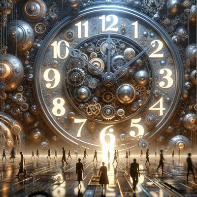 The primary subject of the image is a large, intricate clock with a glowing face. The clock is surrounded by a group of people, some of whom are walking towards it. The setting appears to be a futuristic or industrial environment, with the clock as the central focus. The visual style of the image is a combination of photo and digital art, creating a unique and captivating scene. The colors and mood of the image are predominantly dark and mysterious, with the glowing clock providing a contrasting